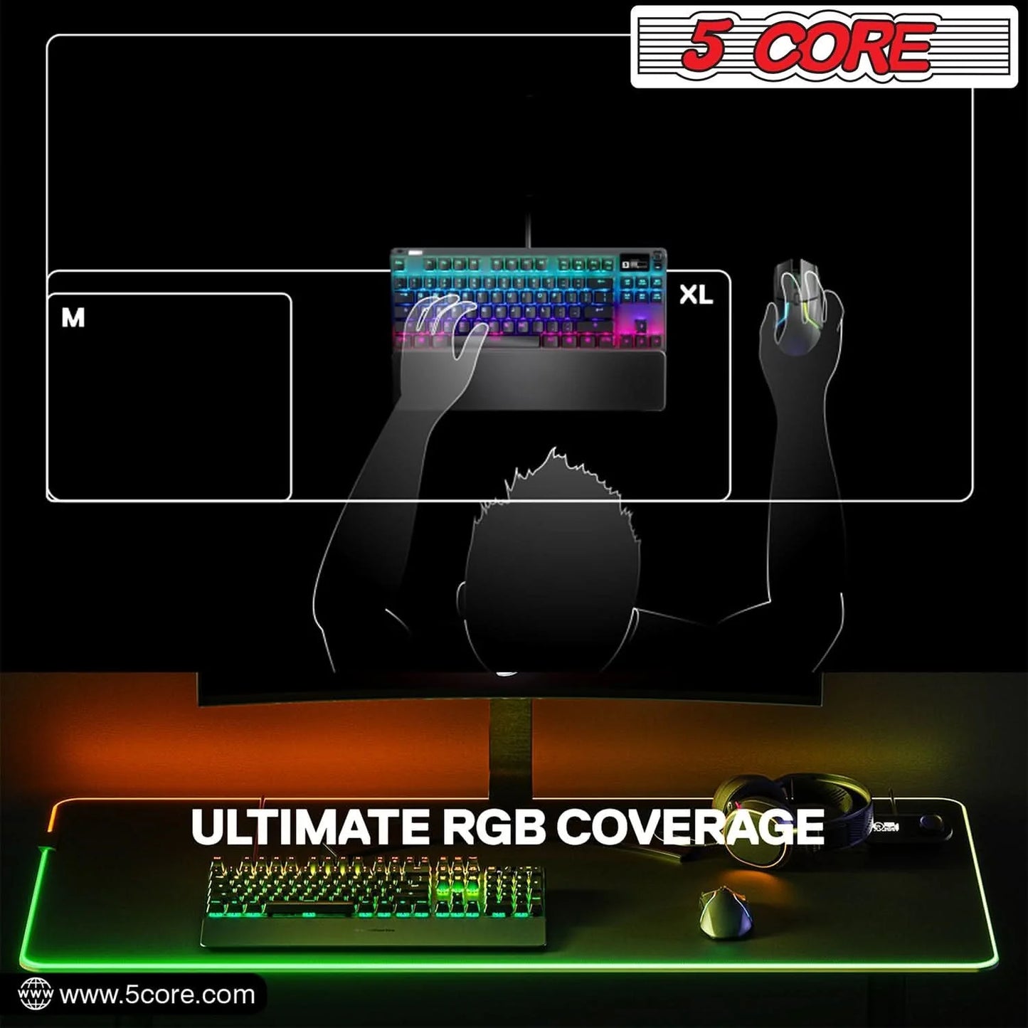 5Core Gaming Mouse Pad RGB 12 Light Modes 2 Zone Desk Mouse Mat W Rubber Base